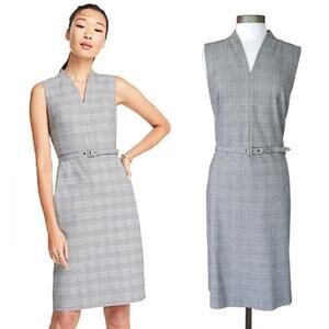 ANN TAYLOR Glen Plaid Belted Sleeveless Sheath Dress Black White 14